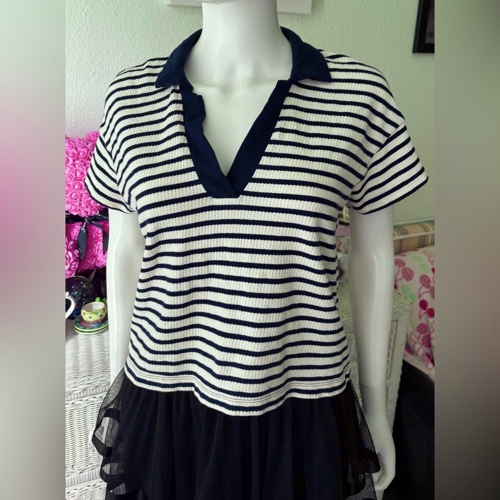 Madewell Oversized Crop Top Stretchy Knit Striped Fabric Black & Cream Size XS